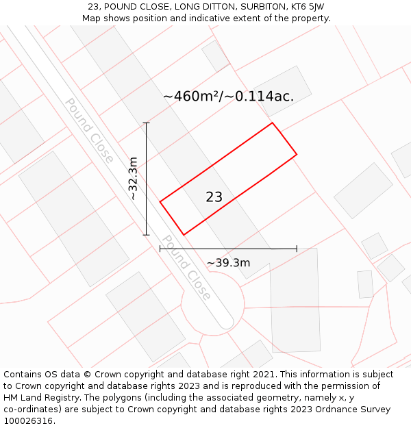23, POUND CLOSE, LONG DITTON, SURBITON, KT6 5JW: Plot and title map