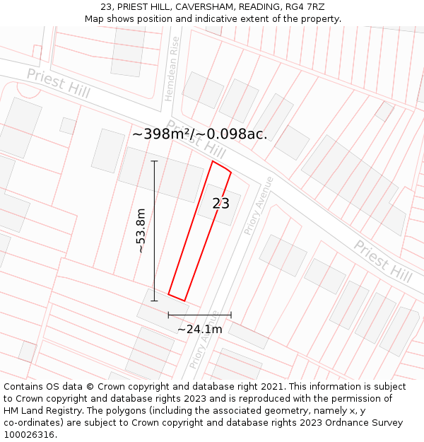 23, PRIEST HILL, CAVERSHAM, READING, RG4 7RZ: Plot and title map