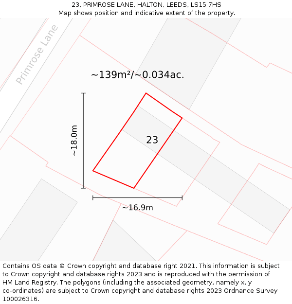 23, PRIMROSE LANE, HALTON, LEEDS, LS15 7HS: Plot and title map