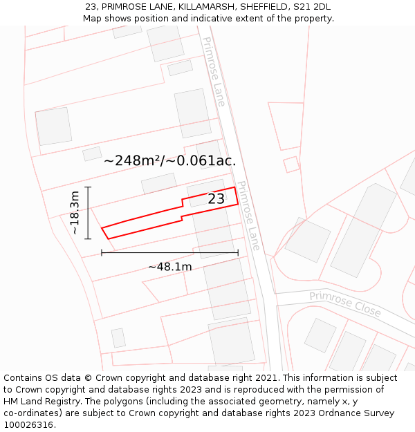 23, PRIMROSE LANE, KILLAMARSH, SHEFFIELD, S21 2DL: Plot and title map