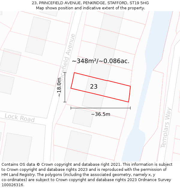 23, PRINCEFIELD AVENUE, PENKRIDGE, STAFFORD, ST19 5HG: Plot and title map