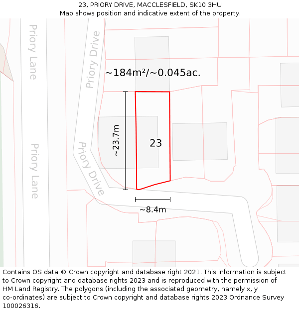 23, PRIORY DRIVE, MACCLESFIELD, SK10 3HU: Plot and title map