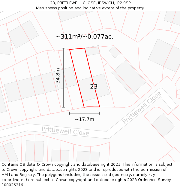23, PRITTLEWELL CLOSE, IPSWICH, IP2 9SP: Plot and title map