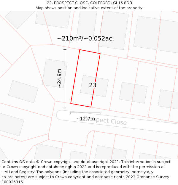 23, PROSPECT CLOSE, COLEFORD, GL16 8DB: Plot and title map