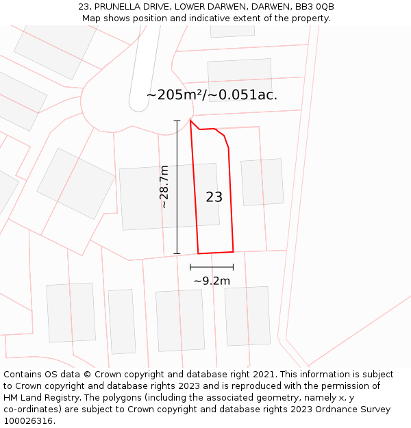 23, PRUNELLA DRIVE, LOWER DARWEN, DARWEN, BB3 0QB: Plot and title map