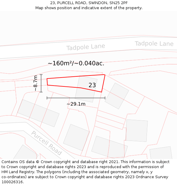 23, PURCELL ROAD, SWINDON, SN25 2PF: Plot and title map