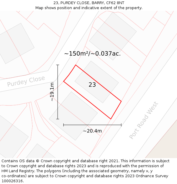 23, PURDEY CLOSE, BARRY, CF62 8NT: Plot and title map