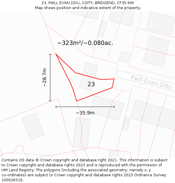 23, PWLL EVAN DDU, COITY, BRIDGEND, CF35 6AY: Plot and title map