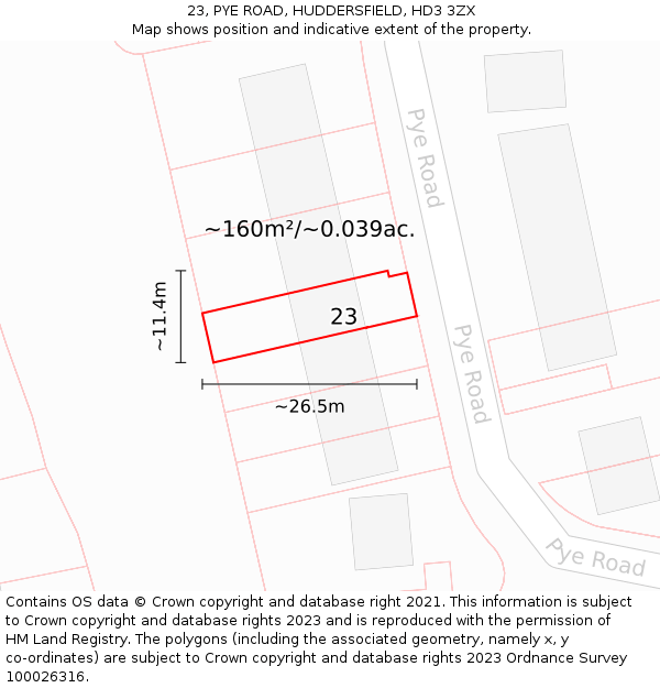23, PYE ROAD, HUDDERSFIELD, HD3 3ZX: Plot and title map