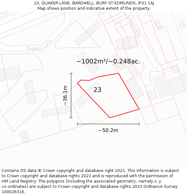 23, QUAKER LANE, BARDWELL, BURY ST EDMUNDS, IP31 1AJ: Plot and title map