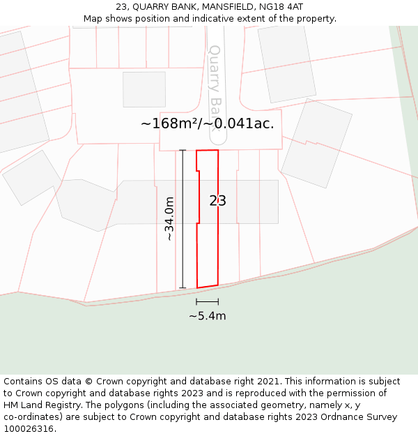 23, QUARRY BANK, MANSFIELD, NG18 4AT: Plot and title map