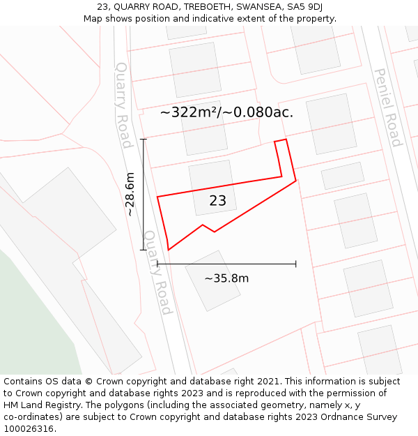 23, QUARRY ROAD, TREBOETH, SWANSEA, SA5 9DJ: Plot and title map