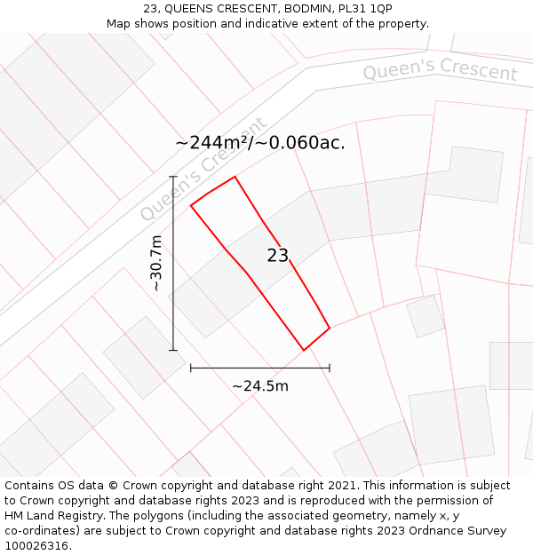 23, QUEENS CRESCENT, BODMIN, PL31 1QP: Plot and title map