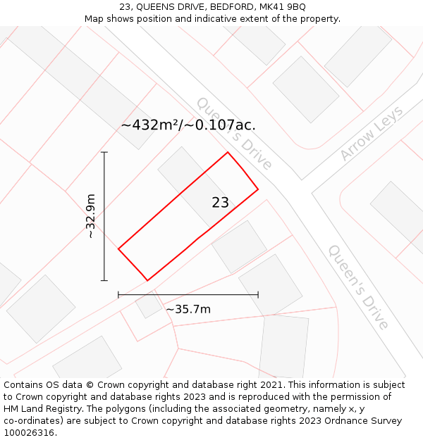 23, QUEENS DRIVE, BEDFORD, MK41 9BQ: Plot and title map