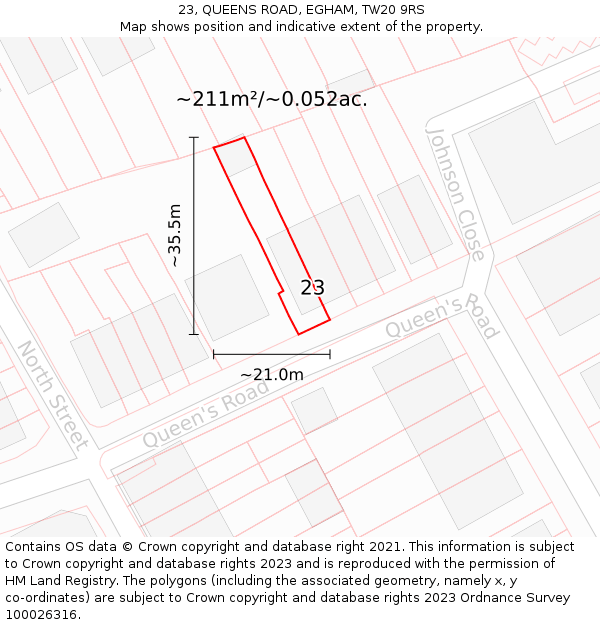 23, QUEENS ROAD, EGHAM, TW20 9RS: Plot and title map