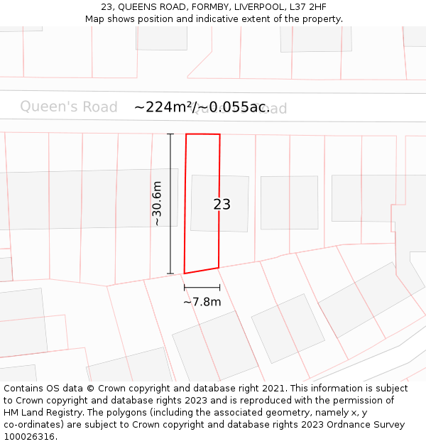 23, QUEENS ROAD, FORMBY, LIVERPOOL, L37 2HF: Plot and title map