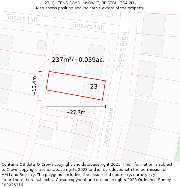 23, QUEENS ROAD, KNOWLE, BRISTOL, BS4 2LU: Plot and title map