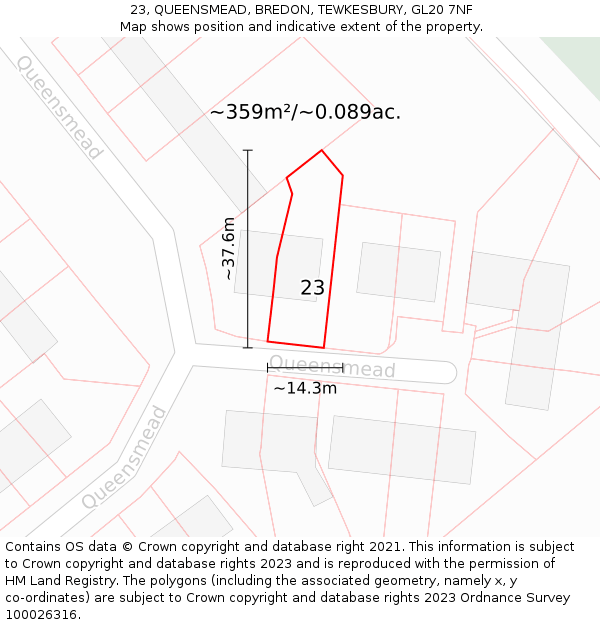 23, QUEENSMEAD, BREDON, TEWKESBURY, GL20 7NF: Plot and title map