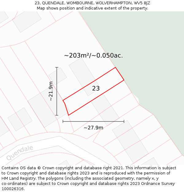 23, QUENDALE, WOMBOURNE, WOLVERHAMPTON, WV5 8JZ: Plot and title map