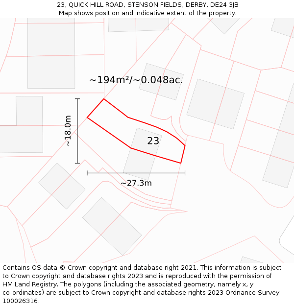 23, QUICK HILL ROAD, STENSON FIELDS, DERBY, DE24 3JB: Plot and title map