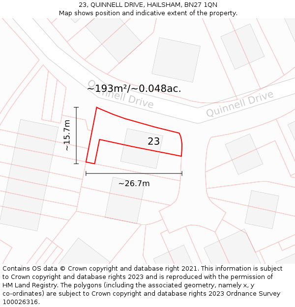 23, QUINNELL DRIVE, HAILSHAM, BN27 1QN: Plot and title map