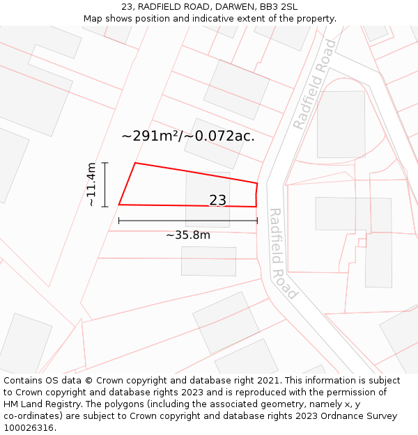 23, RADFIELD ROAD, DARWEN, BB3 2SL: Plot and title map