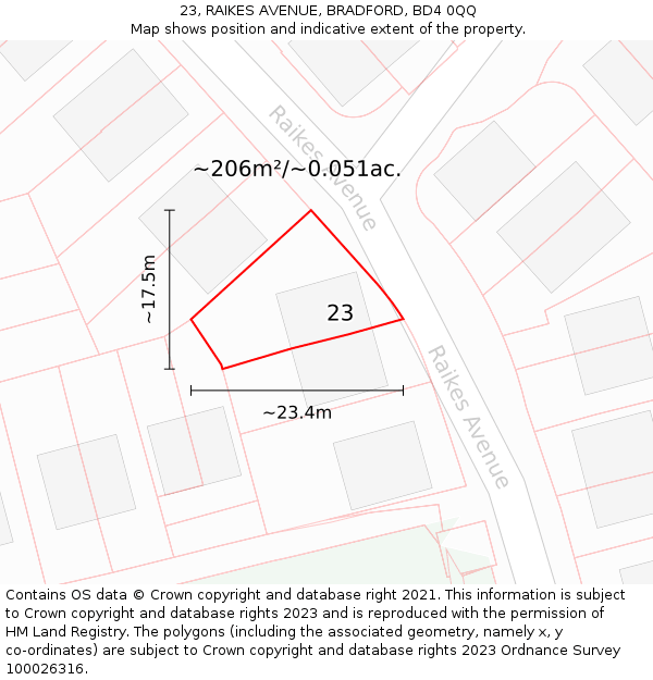 23, RAIKES AVENUE, BRADFORD, BD4 0QQ: Plot and title map