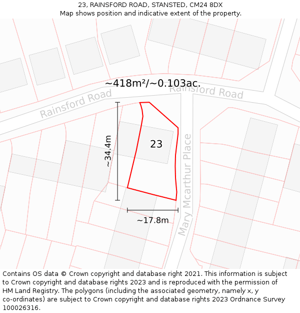 23, RAINSFORD ROAD, STANSTED, CM24 8DX: Plot and title map
