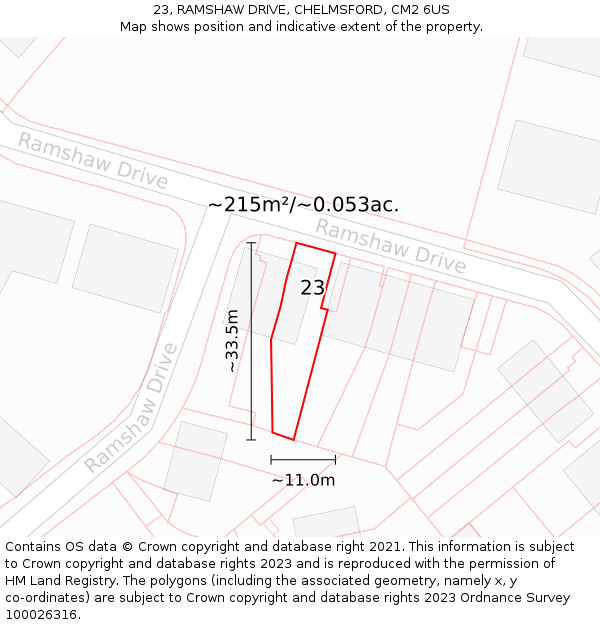 23, RAMSHAW DRIVE, CHELMSFORD, CM2 6US: Plot and title map