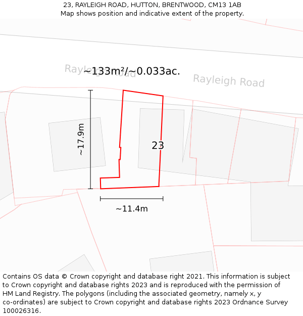 23, RAYLEIGH ROAD, HUTTON, BRENTWOOD, CM13 1AB: Plot and title map