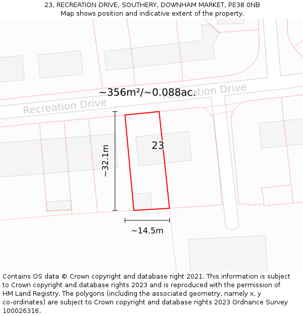 23, RECREATION DRIVE, SOUTHERY, DOWNHAM MARKET, PE38 0NB: Plot and title map