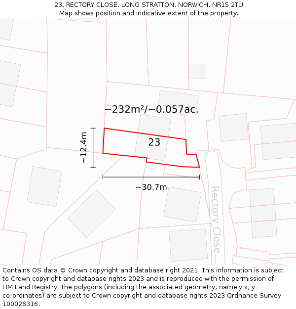 23, RECTORY CLOSE, LONG STRATTON, NORWICH, NR15 2TU: Plot and title map