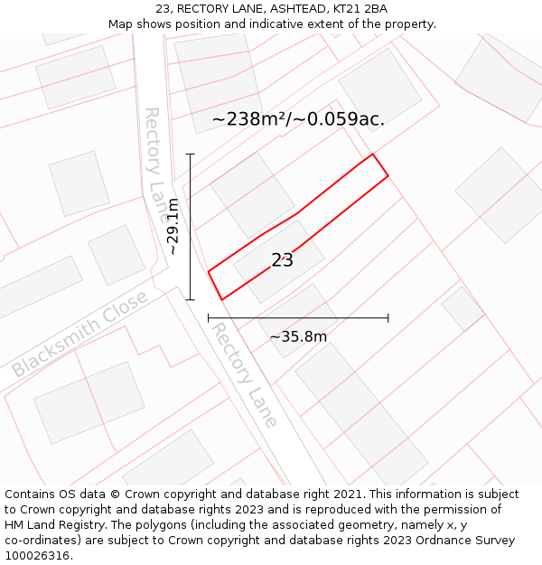 23, RECTORY LANE, ASHTEAD, KT21 2BA: Plot and title map