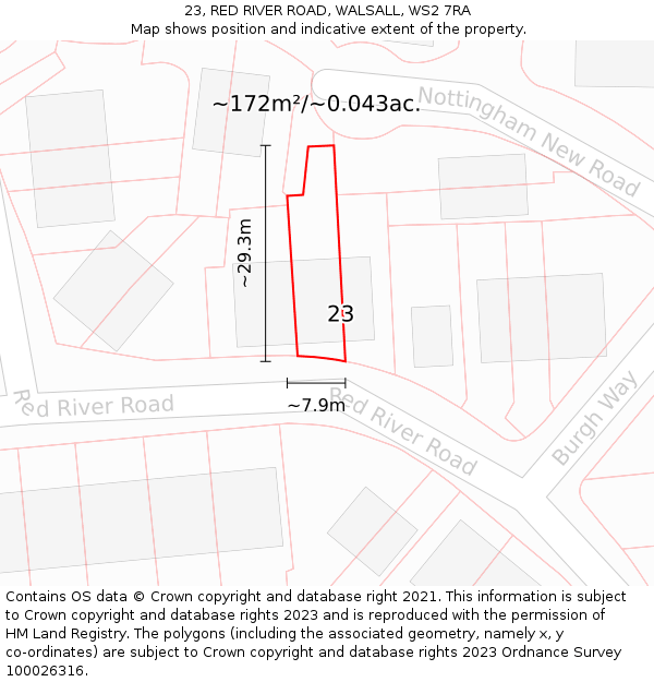 23, RED RIVER ROAD, WALSALL, WS2 7RA: Plot and title map