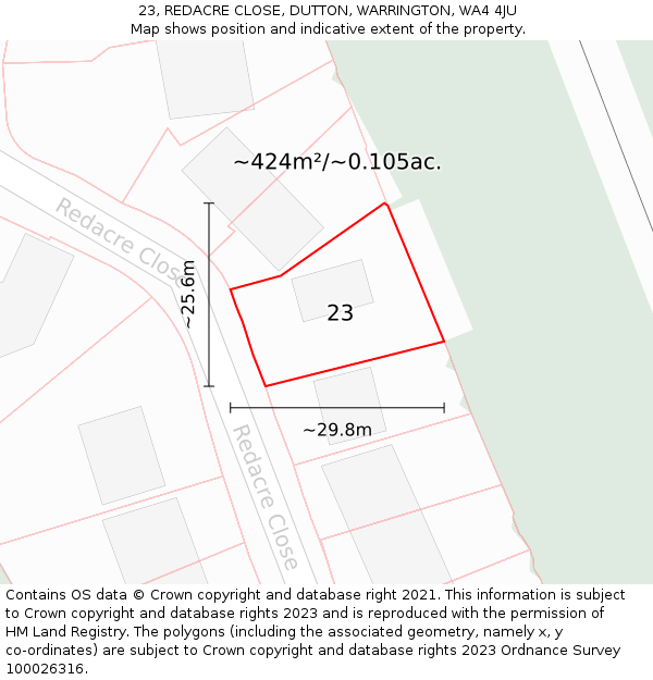 23, REDACRE CLOSE, DUTTON, WARRINGTON, WA4 4JU: Plot and title map