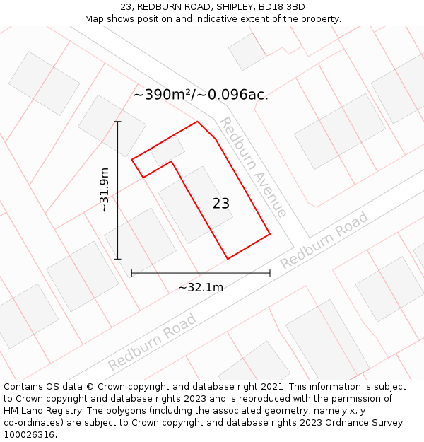 23, REDBURN ROAD, SHIPLEY, BD18 3BD: Plot and title map