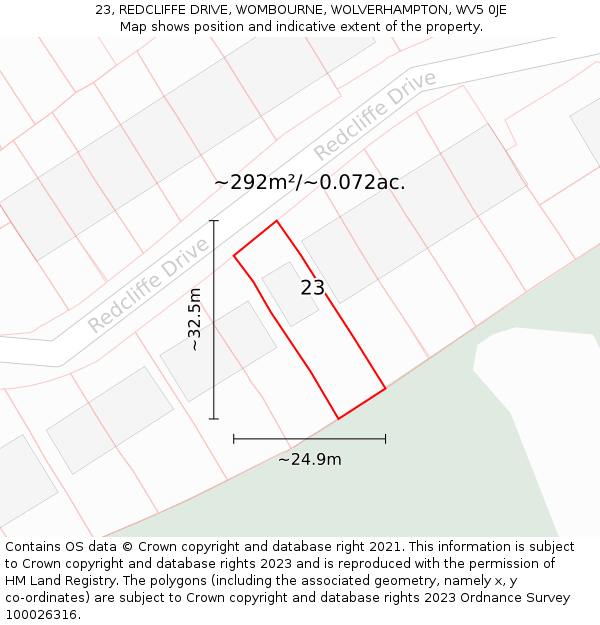 23, REDCLIFFE DRIVE, WOMBOURNE, WOLVERHAMPTON, WV5 0JE: Plot and title map