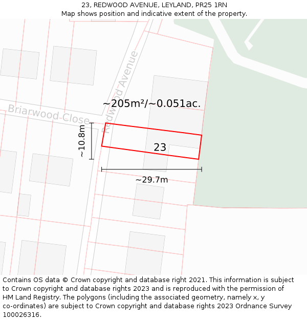 23, REDWOOD AVENUE, LEYLAND, PR25 1RN: Plot and title map