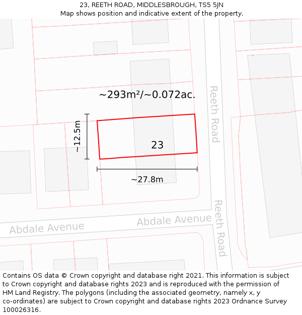 23, REETH ROAD, MIDDLESBROUGH, TS5 5JN: Plot and title map