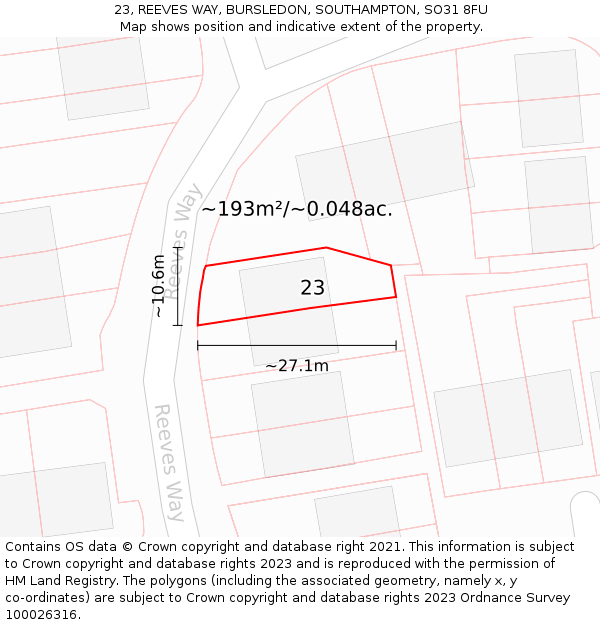 23, REEVES WAY, BURSLEDON, SOUTHAMPTON, SO31 8FU: Plot and title map