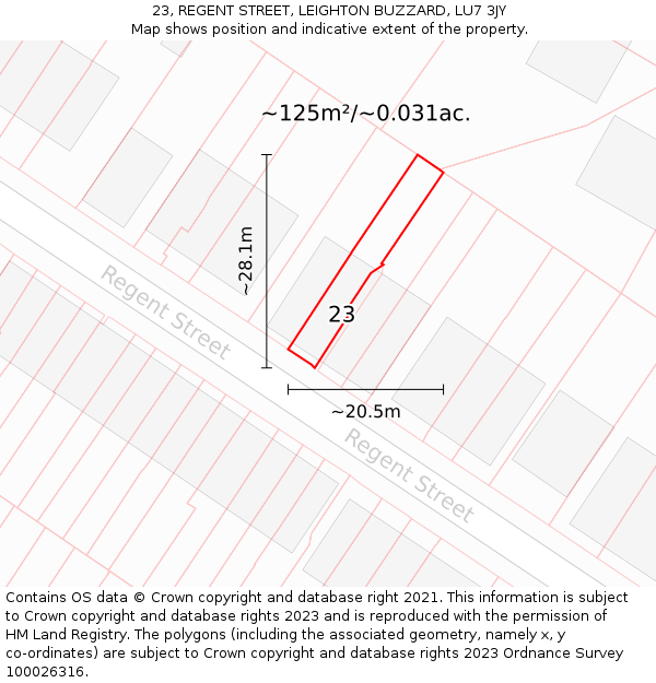 23, REGENT STREET, LEIGHTON BUZZARD, LU7 3JY: Plot and title map