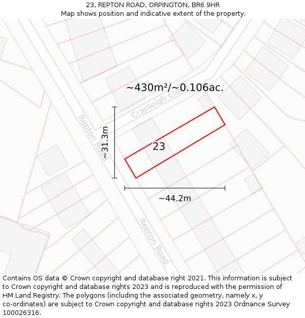 23, REPTON ROAD, ORPINGTON, BR6 9HR: Plot and title map