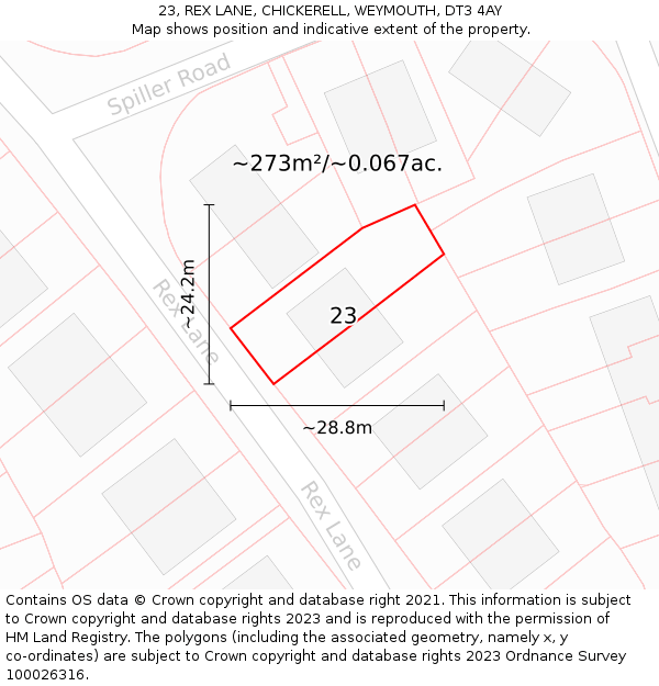 23, REX LANE, CHICKERELL, WEYMOUTH, DT3 4AY: Plot and title map