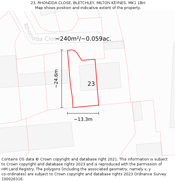 23, RHONDDA CLOSE, BLETCHLEY, MILTON KEYNES, MK1 1BH: Plot and title map