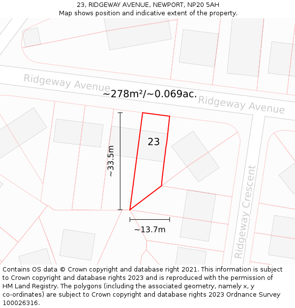 23, RIDGEWAY AVENUE, NEWPORT, NP20 5AH: Plot and title map