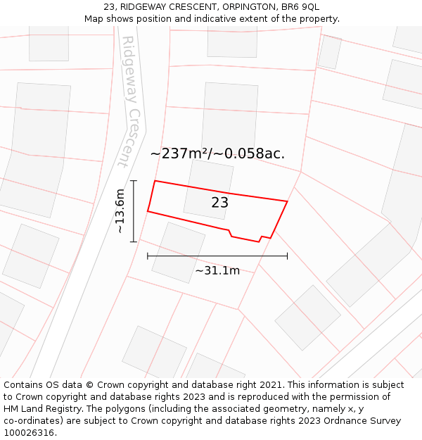 23, RIDGEWAY CRESCENT, ORPINGTON, BR6 9QL: Plot and title map