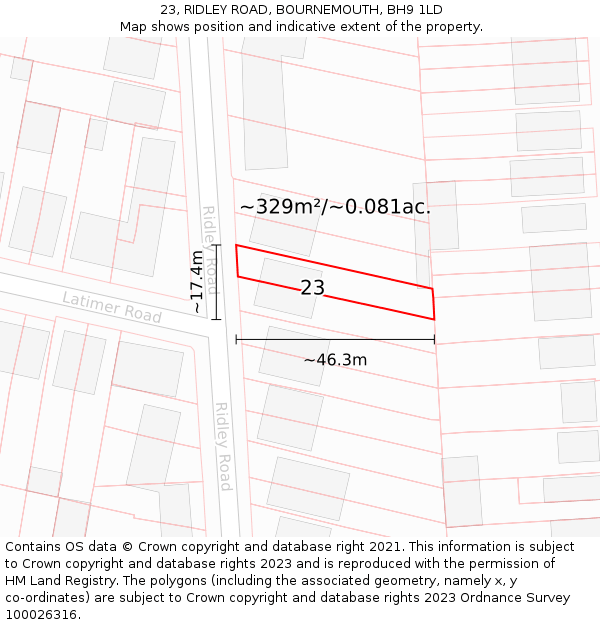 23, RIDLEY ROAD, BOURNEMOUTH, BH9 1LD: Plot and title map