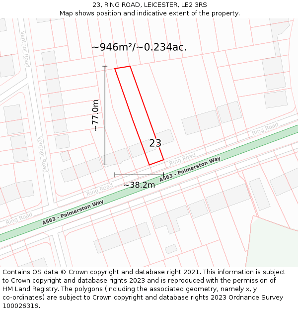 23, RING ROAD, LEICESTER, LE2 3RS: Plot and title map