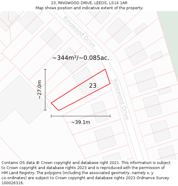 23, RINGWOOD DRIVE, LEEDS, LS14 1AR: Plot and title map