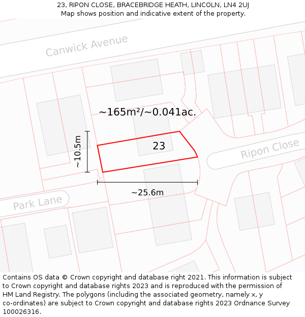 23, RIPON CLOSE, BRACEBRIDGE HEATH, LINCOLN, LN4 2UJ: Plot and title map